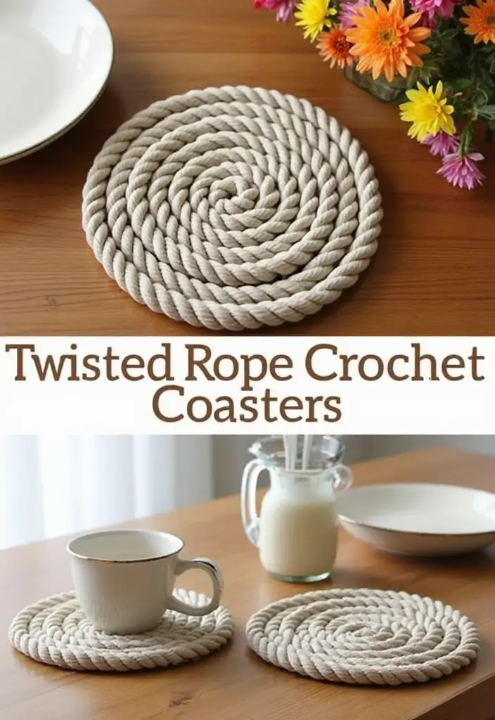 25 Crochet Coasters Free Pattern Ideas for Home Decor and Gifts - 11. Twisted Rope Coasters