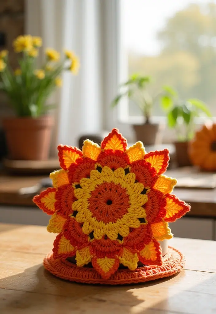 25 Crochet Pot Holders Free Pattern Ideas for Kitchen Decor and Gifting - 21. Sunburst Pot Holder