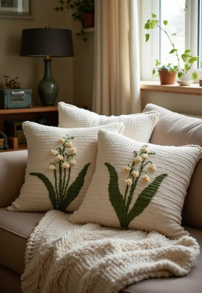 25 Delicate Lily of the Valley Crochet Ideas for Floral Decor and Lace Edging - 10. Crochet Throw Pillows