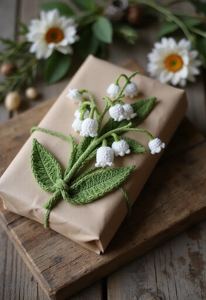 25 Delicate Lily of the Valley Crochet Ideas for Floral Decor and Lace Edging - 14. Crochet Gift Wrap Embellishments