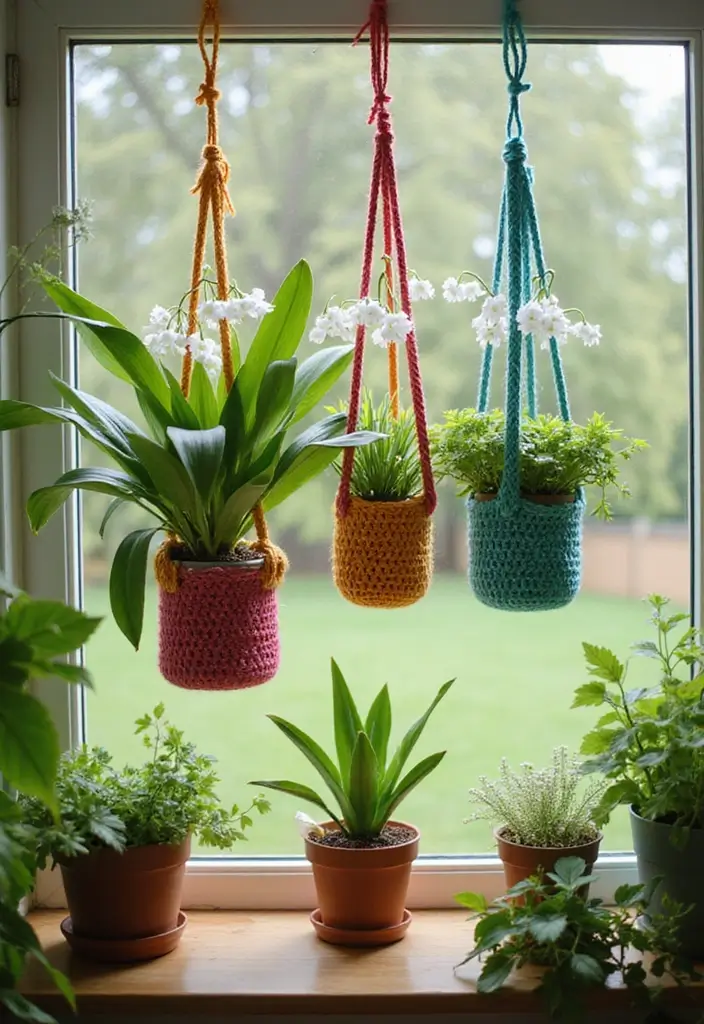 25 Delicate Lily of the Valley Crochet Ideas for Floral Decor and Lace Edging - 16. Crochet Plant Hangers