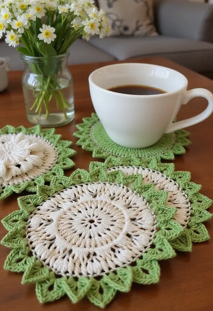 25 Delicate Lily of the Valley Crochet Ideas for Floral Decor and Lace Edging - 2. Crocheted Coasters with Floral Motif