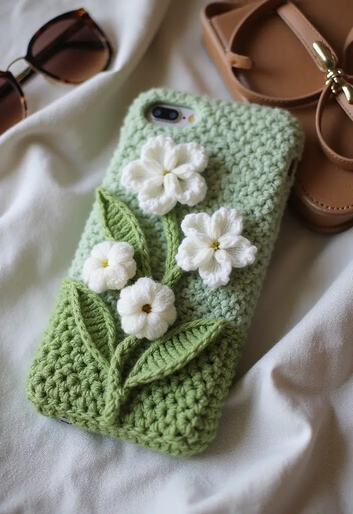 25 Delicate Lily of the Valley Crochet Ideas for Floral Decor and Lace Edging - 21. Crochet Phone Case