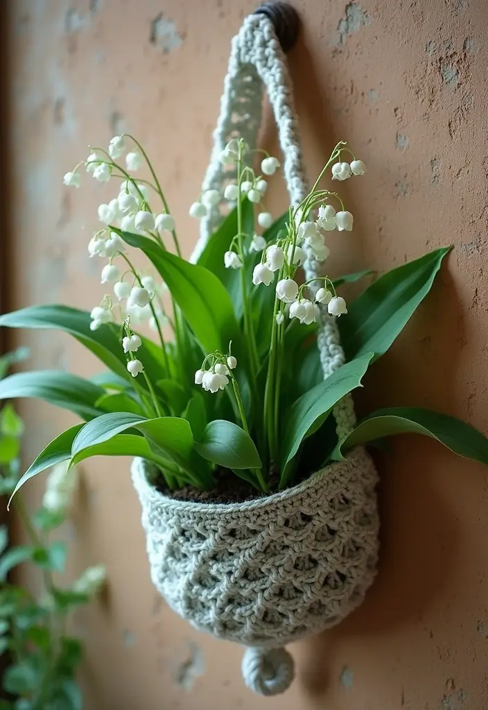 25 Delicate Lily of the Valley Crochet Ideas for Floral Decor and Lace Edging - 25. Crochet Wall Planter