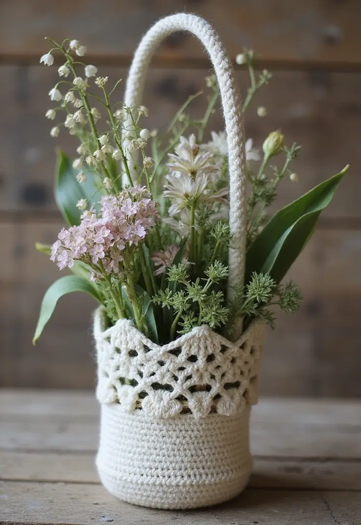 25 Delicate Lily of the Valley Crochet Ideas for Floral Decor and Lace Edging - 3. Flower Basket with Crochet Lace