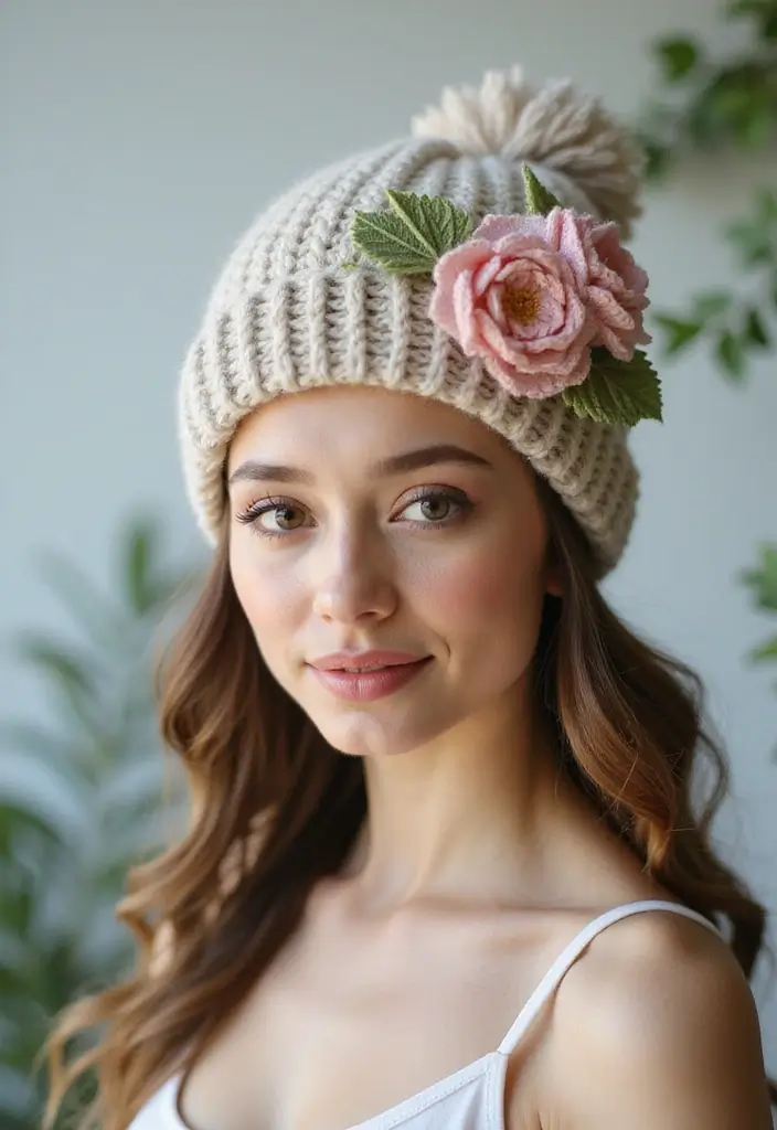 25 Quick and Cute Crochet Beanie Pattern Free Ideas for All Ages - 8. Feminine Flower Beanie