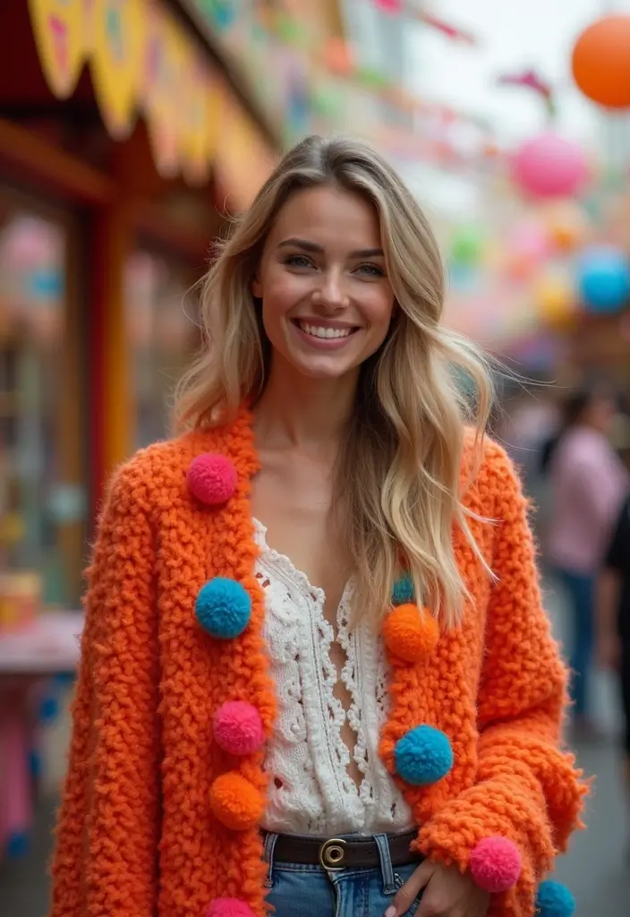 25 Stylish Crochet Cardigan Patterns: Free Women Designs for Every Season - 23. Statement Pom-Pom Cardigan