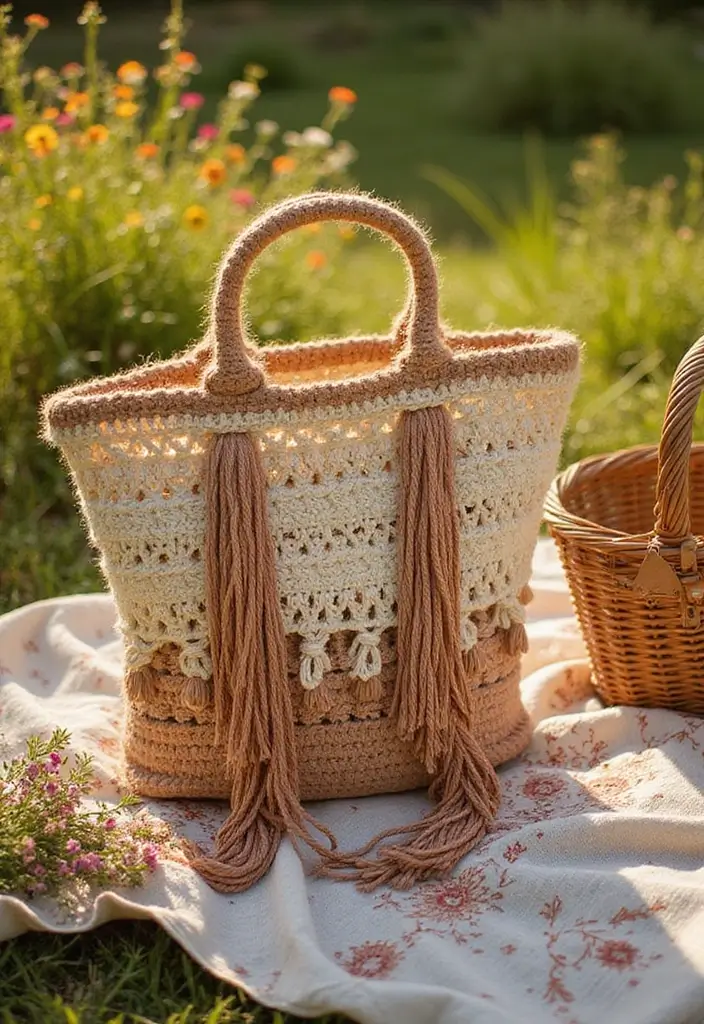 25 Stylish and Practical Crochet Tote Bags Free Patterns for Everyday Fashion - 13. Bohemian Fringe Tote
