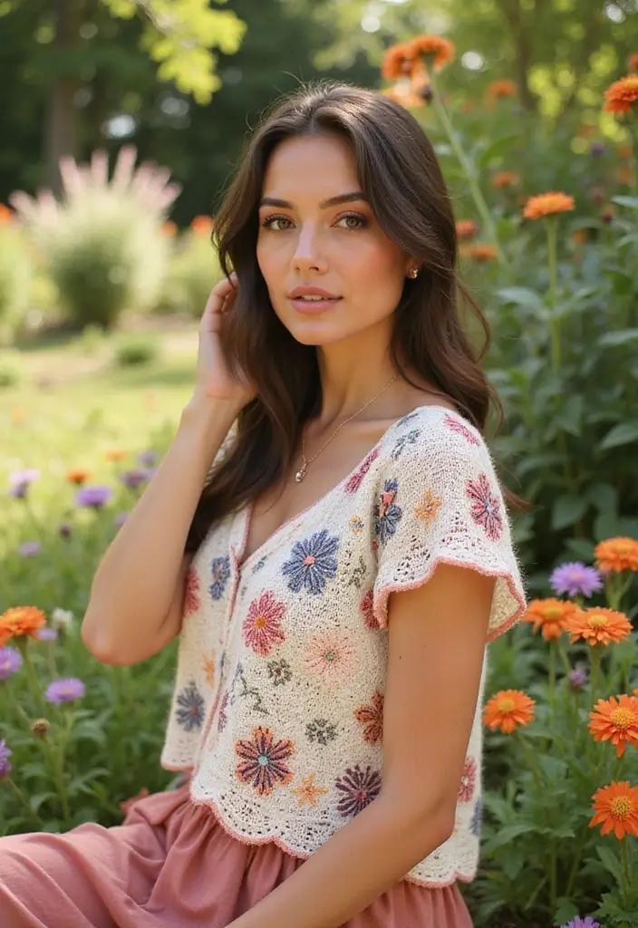 25 Trendy Crochet Tops Free Patterns Perfect for Festivals and Daily Wear - 17. Floral Appliqué Top