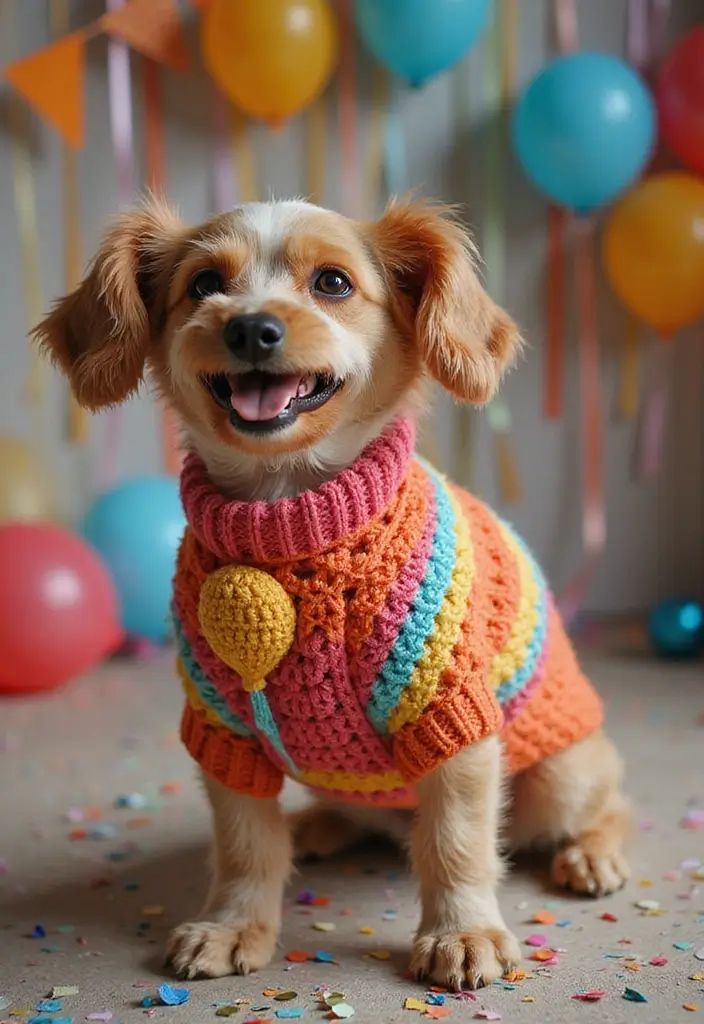 26 Adorable Crochet Dog Sweater Free Pattern Ideas for Every Size and Breed - 25. The Colorful Balloon Sweater