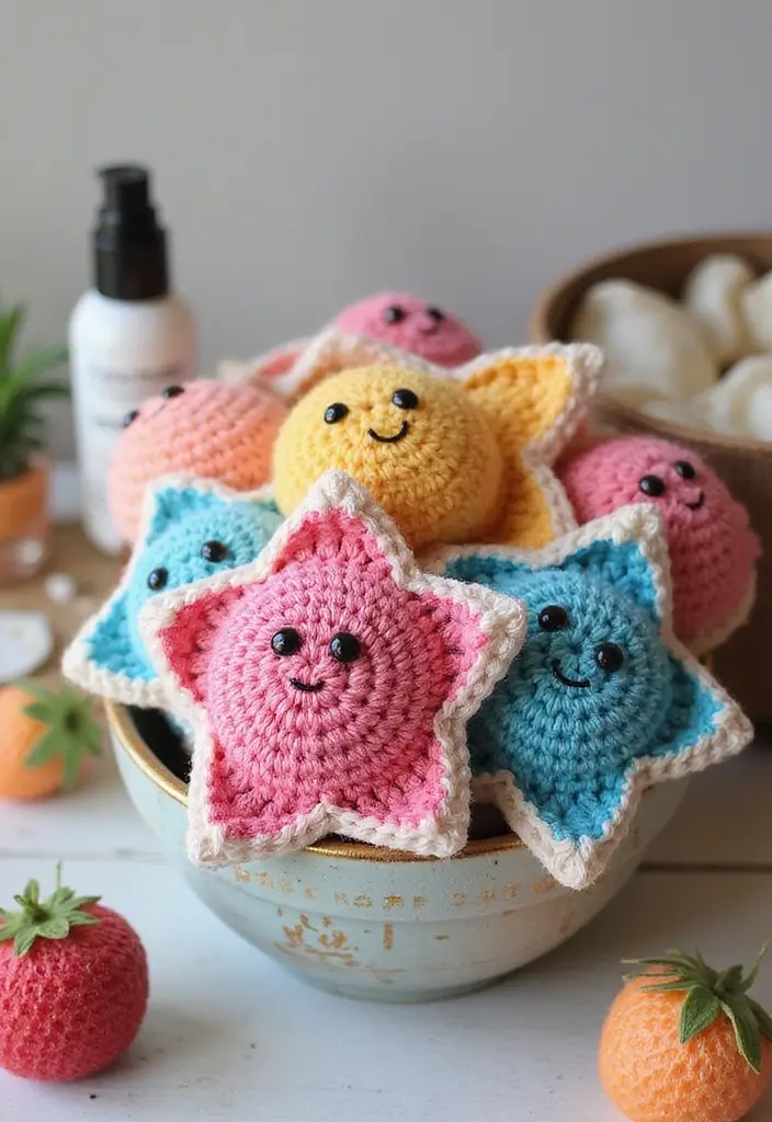 27 Bright and Beautiful Tutorials on How to Crochet a Star in Different Sizes - 20. Crochet Star Face Scrubbies