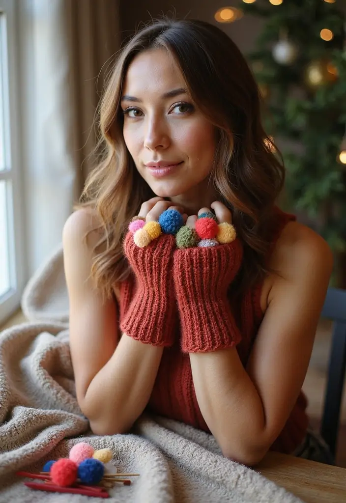 27 Cozy Crochet Fingerless Gloves Free Pattern Ideas for Autumn and Winter - 12. Pom-Pom Adorned Fingerless Gloves