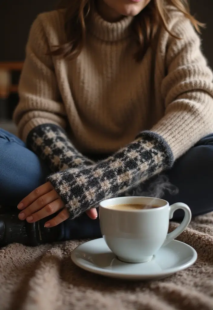 27 Cozy Crochet Fingerless Gloves Free Pattern Ideas for Autumn and Winter - 13. Houndstooth Pattern Fingerless Gloves