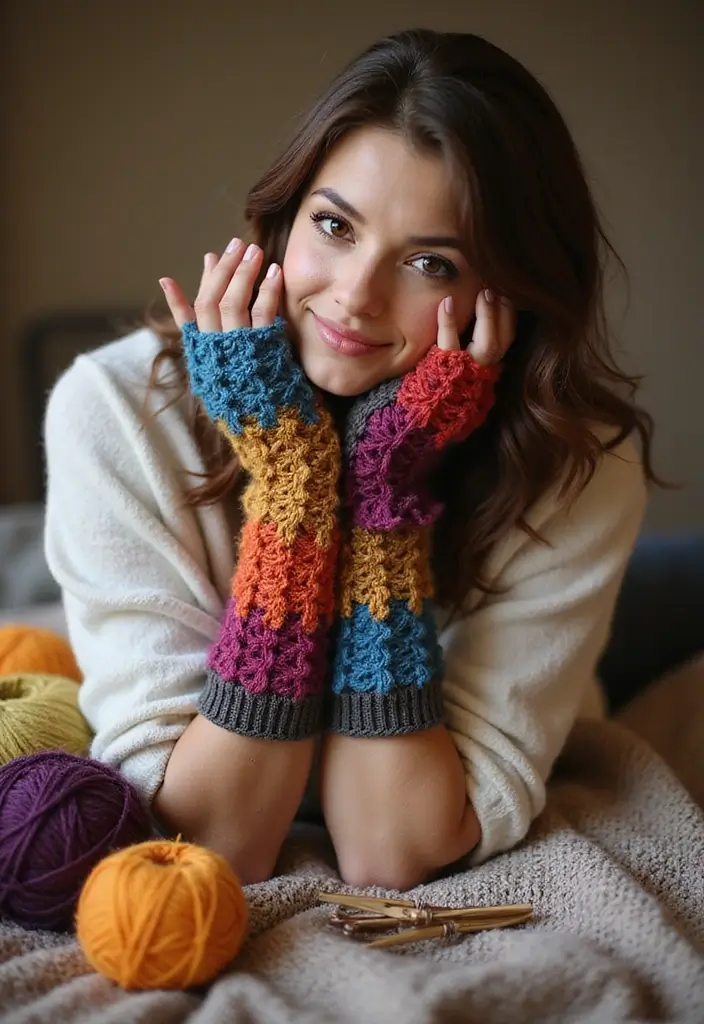 27 Cozy Crochet Fingerless Gloves Free Pattern Ideas for Autumn and Winter - 25. Cozy Patchwork Fingerless Gloves