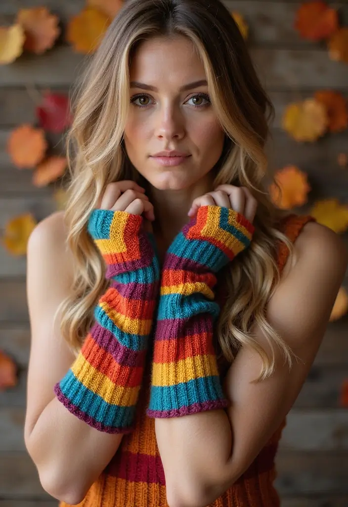 27 Cozy Crochet Fingerless Gloves Free Pattern Ideas for Autumn and Winter - 4. Striped Rainbow Fingerless Gloves