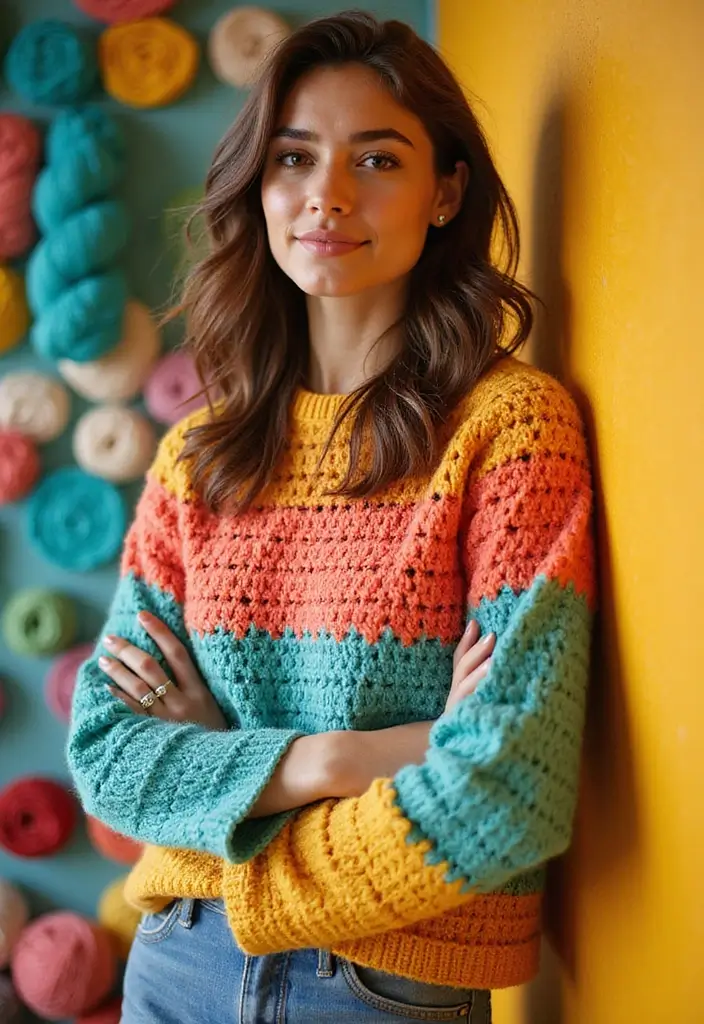 27 Cozy Crochet Sweater Pattern Free Ideas for Every Skill Level - 10. The Colorblock Sweater