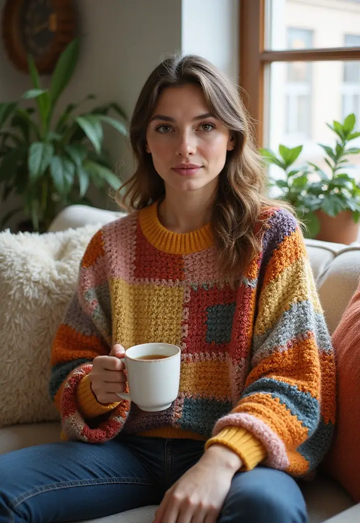 27 Cozy Crochet Sweater Pattern Free Ideas for Every Skill Level - 17. The Patchwork Sweater