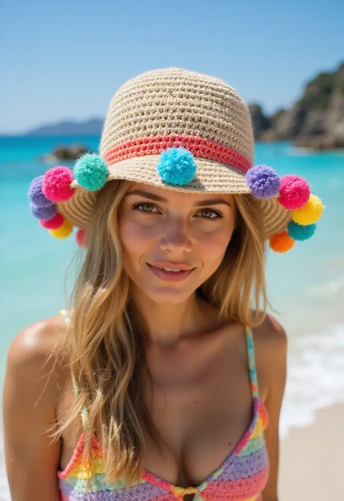 27 Crochet Bucket Hat Free Pattern Styles with Boho Flair - 9. Pom-Pom Accents