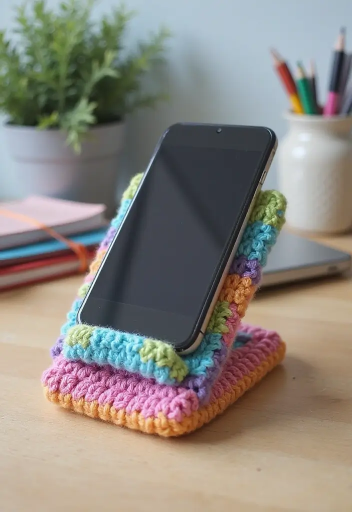 28 Crochet Patterns for Beginners with Basic Stitches Using Eco-Friendly Yarn - 27. Simple Crochet Phone Stand