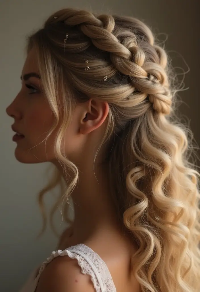 28 Half Braids Half Crochet Hairstyles That Blend Texture and Style Perfectly - 26. Braided Crown with Crochet Curls