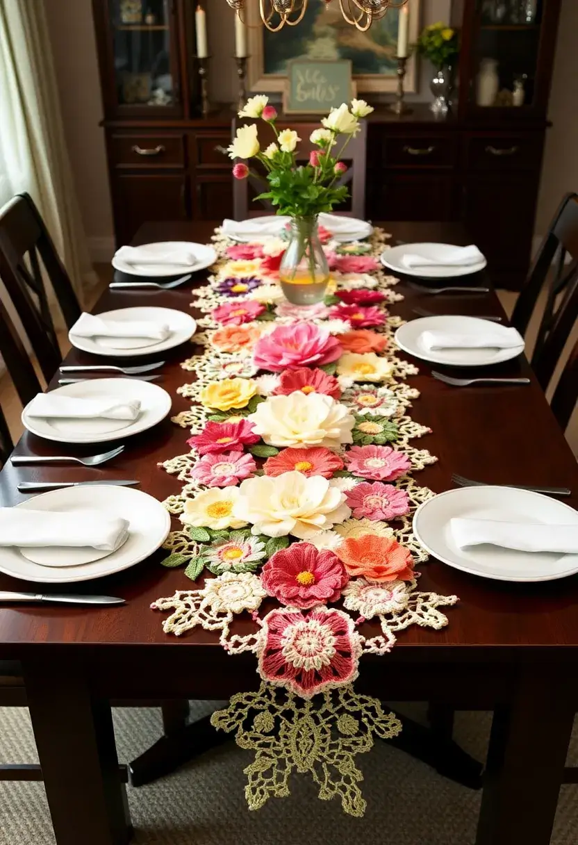 28 Stunning Flower Crochet Tutorials with 3D Designs and Petal Variations - 28. Unique Floral Table Runner with Crochet Flowers