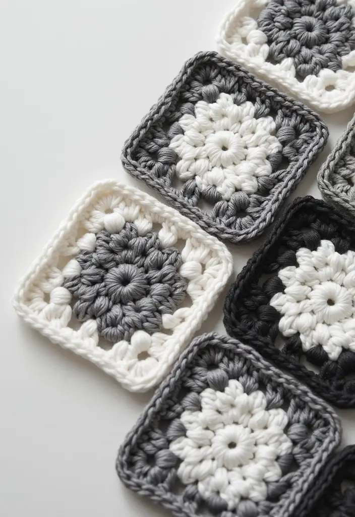 30 Beautiful Granny Square Crochet Patterns Free with Modern Layouts and Motif Ideas - 1. Minimalist Monochrome Granny Squares