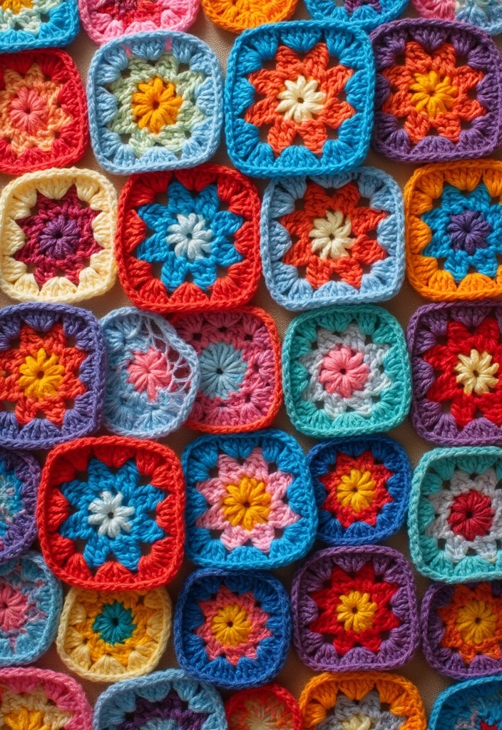 30 Beautiful Granny Square Crochet Patterns Free with Modern Layouts and Motif Ideas - 27. Colorful Mosaic Granny Squares