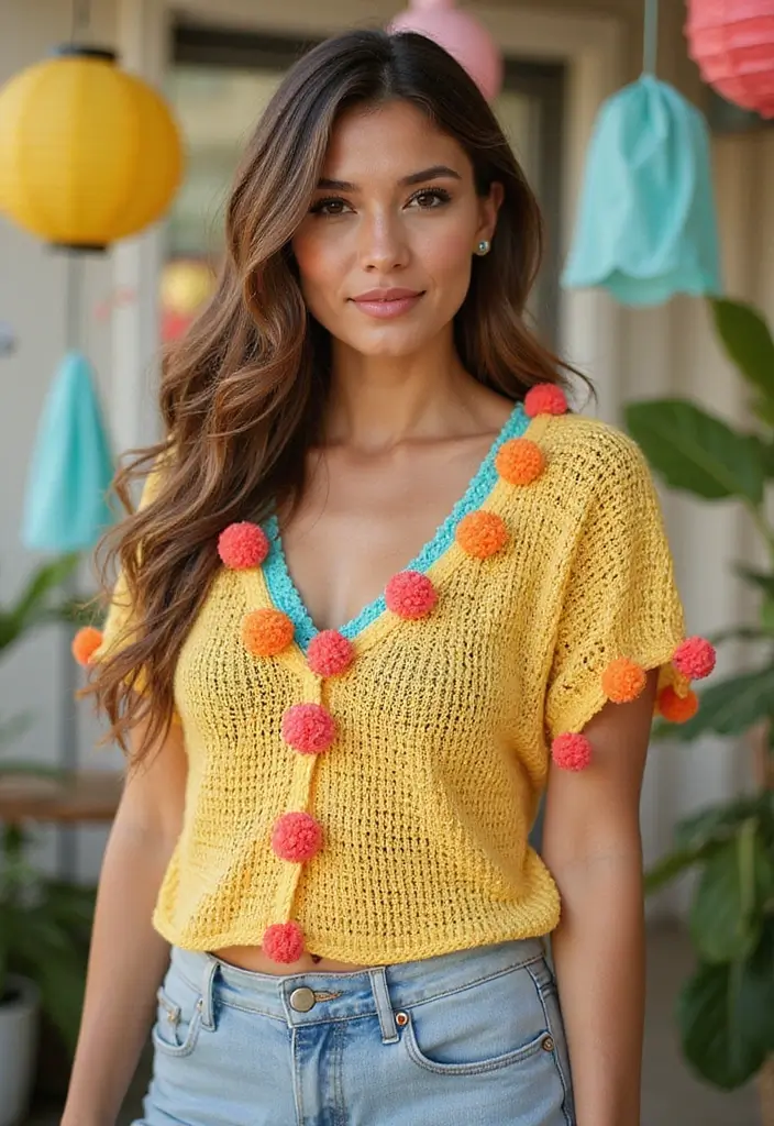 30 Breezy Crochet Summer Tops Free Patterns for Your DIY Wardrobe - 30. The Fun Pom-Pom Top