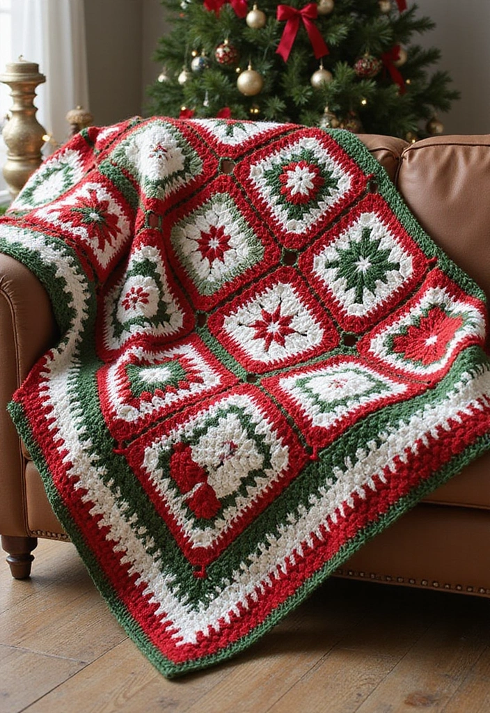 30 Cozy Crochet Granny Square Blanket Ideas with Creative Layouts - 12. Holiday Inspired Designs