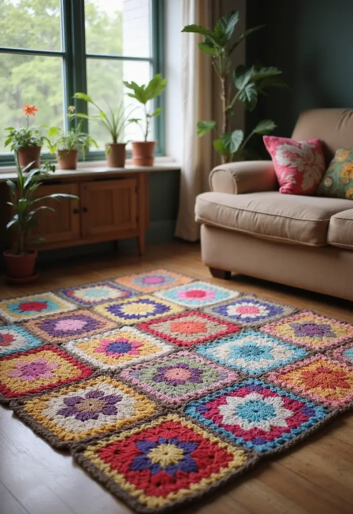 30 Cozy Crochet Granny Square Blanket Ideas with Creative Layouts - 21. Granny Square Rugs