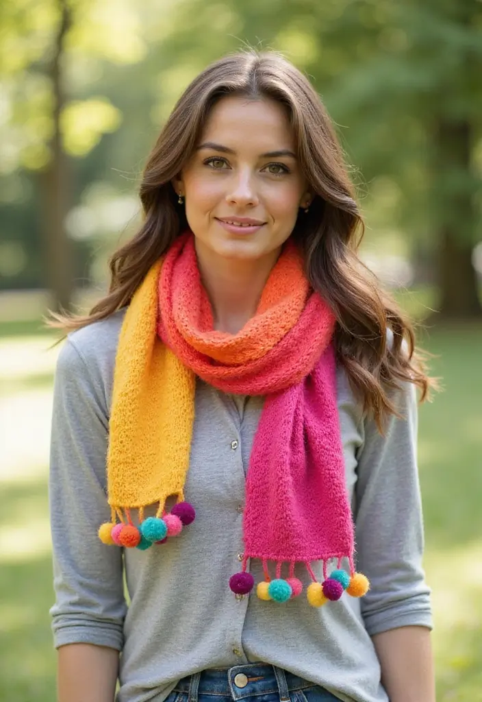 30 Cozy and Colorful Crochet Scarf Patterns Free Inspirations - 16. Pom Pom Scarf