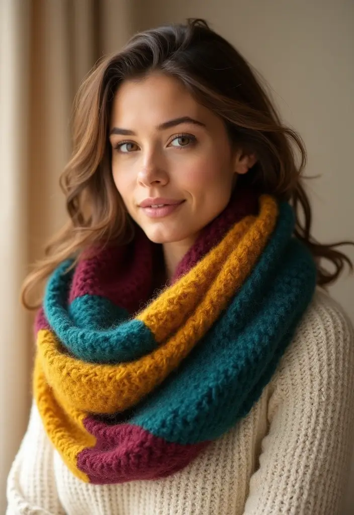 30 Cozy and Colorful Crochet Scarf Patterns Free Inspirations - 2. Color Block Infinity Scarf