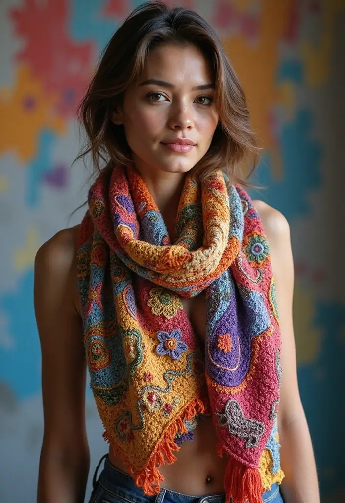 30 Cozy and Colorful Crochet Scarf Patterns Free Inspirations - 29. Mixed Media Scarf