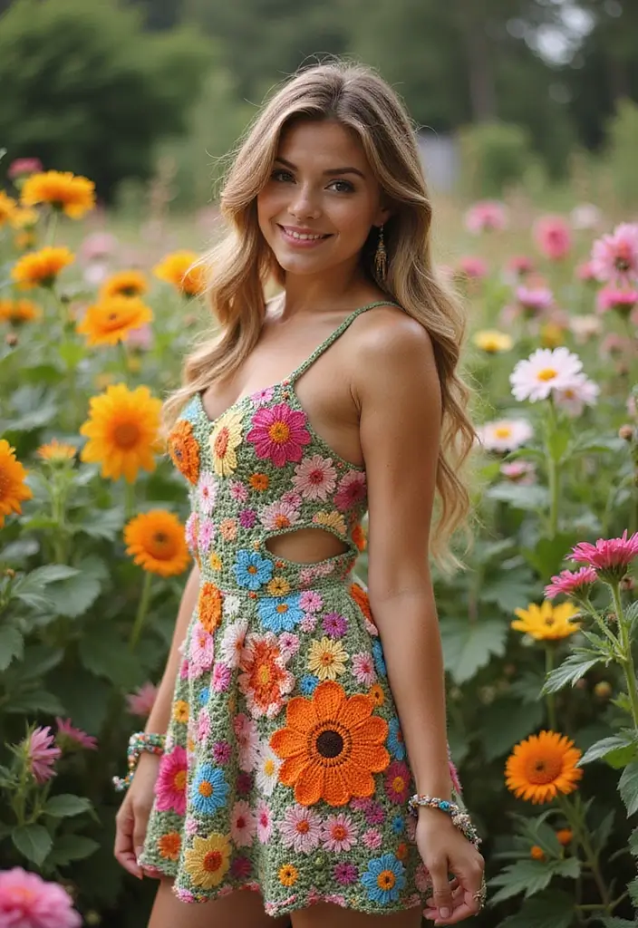 30 Creative Crochet Doll Clothes Free Pattern Ideas for Miniature Fashion Lovers - 24. Flower Power Dress