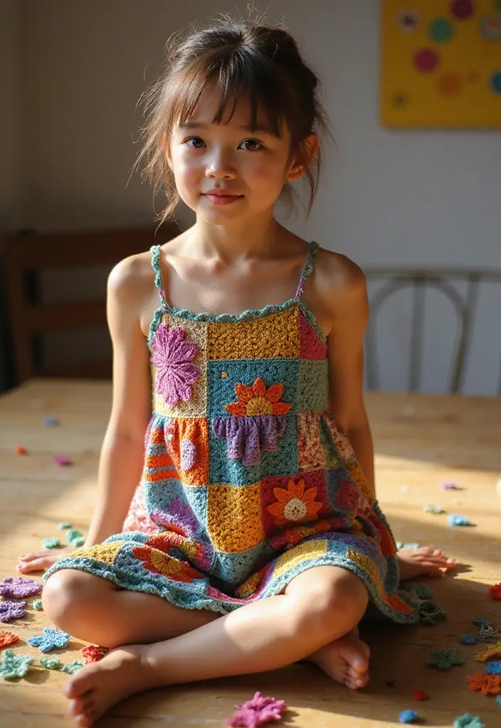 30 Crochet Baby Dress Free Pattern Inspirations with Charming and Easy Designs - 12. Patchwork Dress