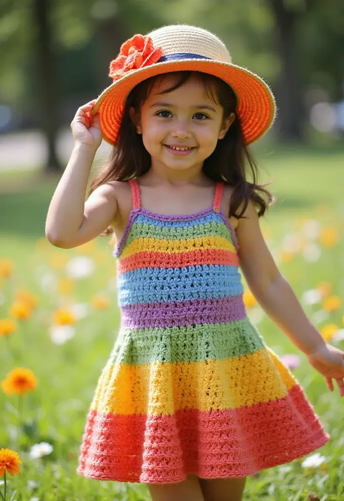 30 Crochet Baby Dress Free Pattern Inspirations with Charming and Easy Designs - 16. Rainbow Dress