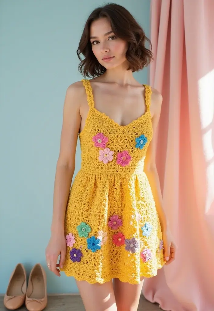 30 Crochet Baby Dress Free Pattern Inspirations with Charming and Easy Designs - 3. Floral Appliqué Dress