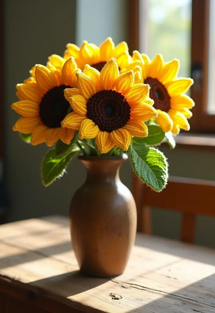 30 Crochet Flowers Free Pattern Tutorials for Home Decor and Accessories - 4. Sunflower Delight