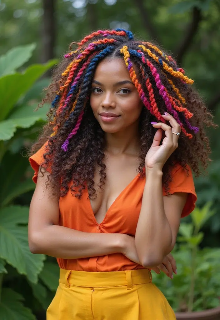 30 Elegant Crochet Styles for Black Women Featuring Curls - 6. Crocheted Curls with Color Pops