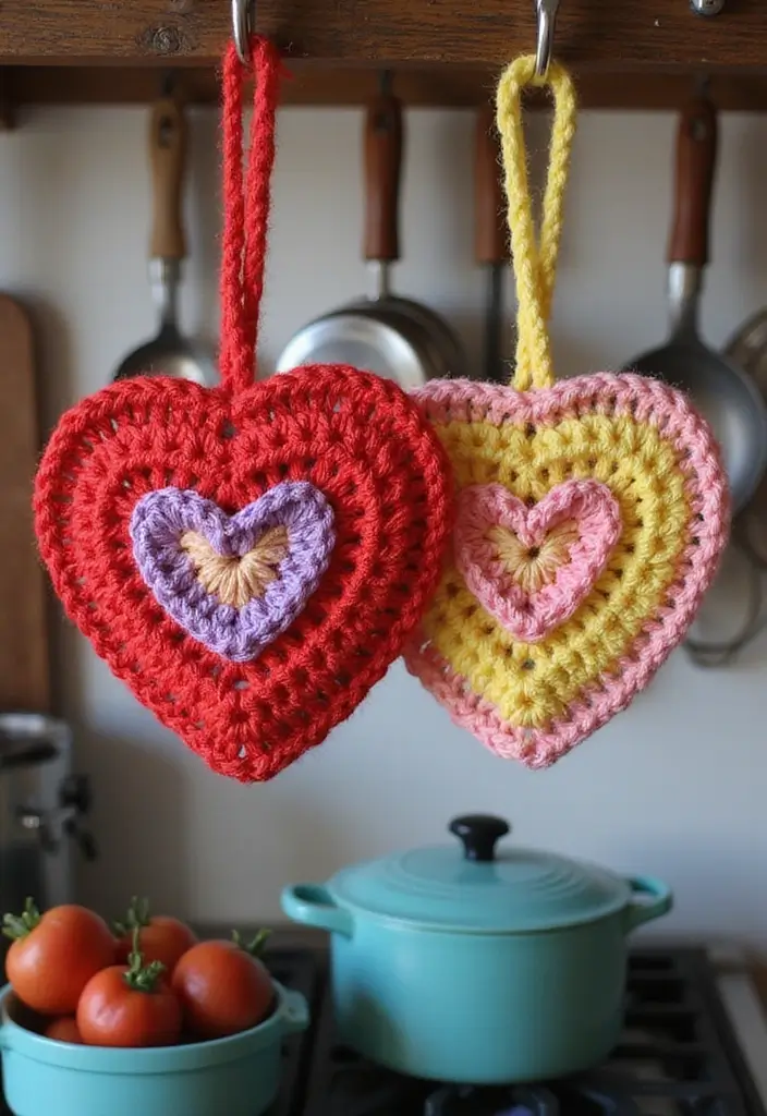 30 Fun and Easy Crochet Projects for Beginners You Can Finish in One Weekend - 27. Colorful Crochet Heart Potholders
