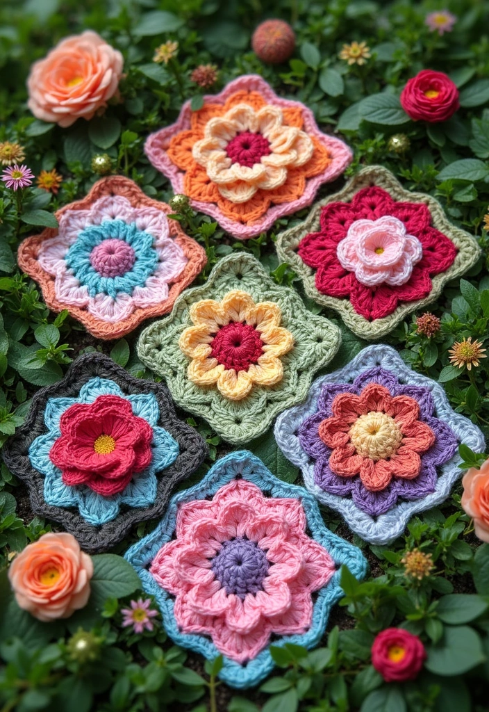 30 Granny Square Crochet Pattern Variations with Modern Layouts and Color Ideas - 5. Floral Granny Squares