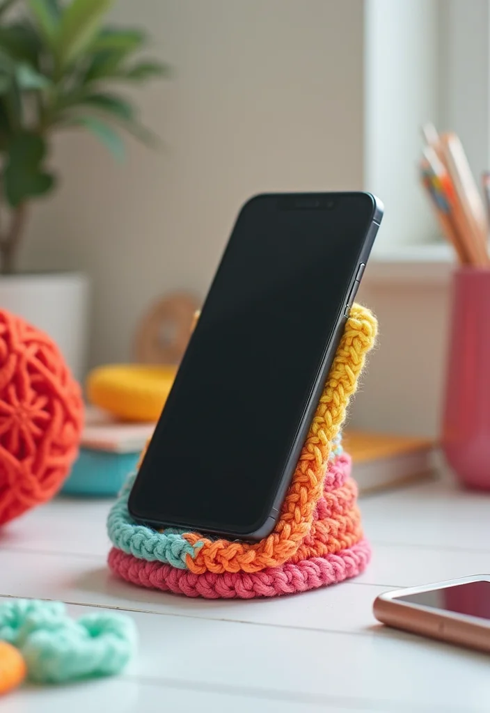 Step-by-Step Guide to Scrap Yarn Crochet Projects: Showcasing 20 Fun and Resourceful Inspirations - 19. Crochet Phone Stand